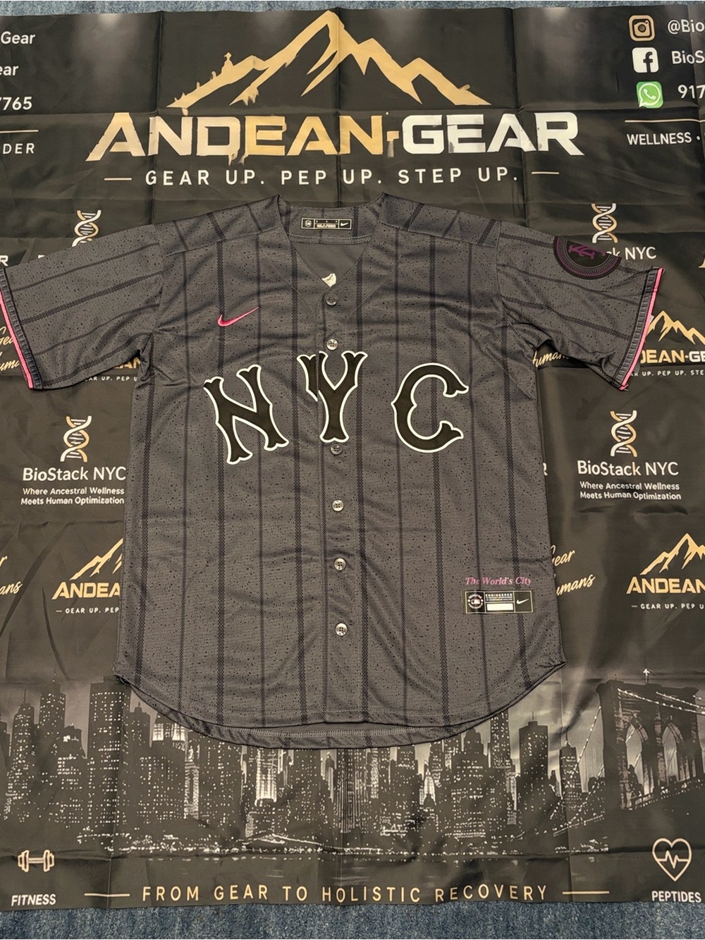 MLB Black Pinstripe NYC Button-Front Jersey with Pink Trim